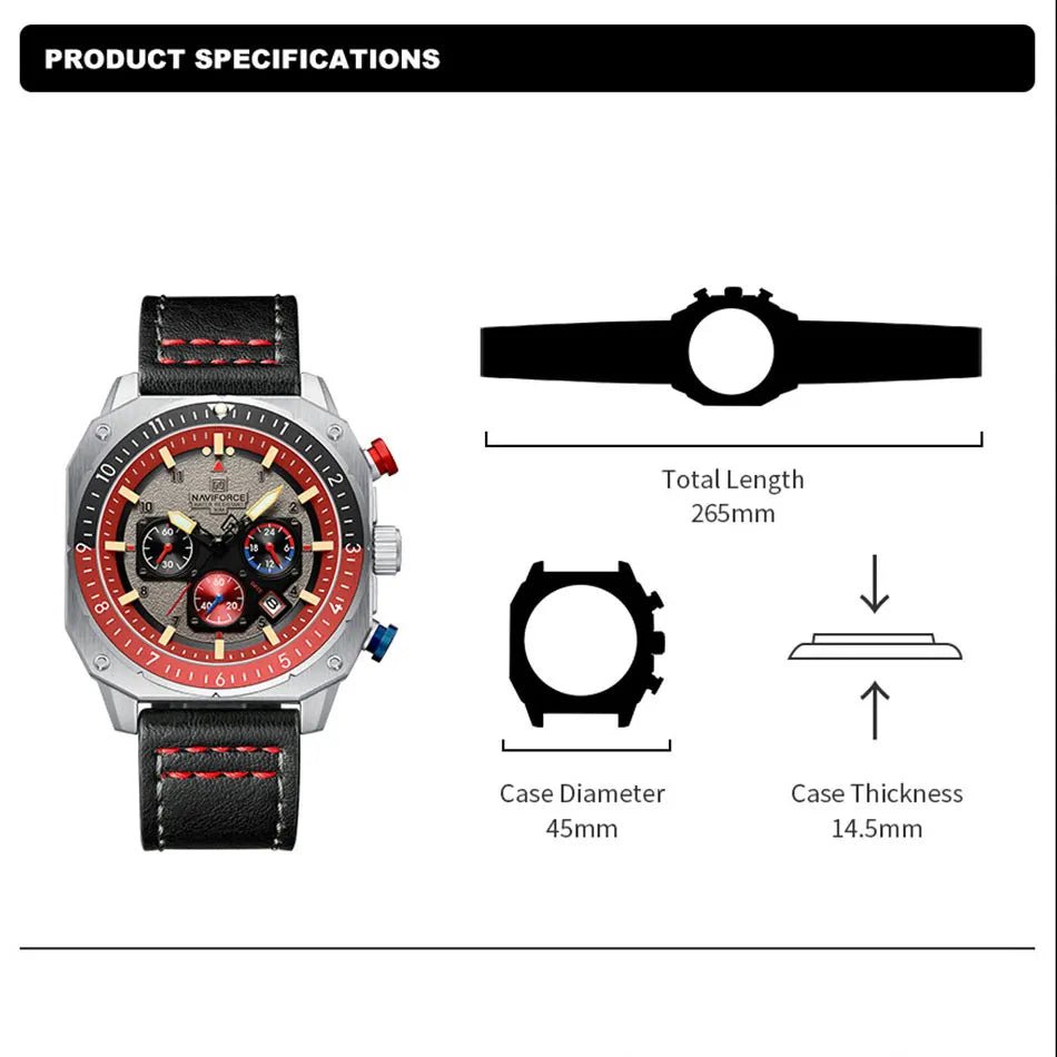 Sports Multifunction Waterproof Watches for Men Fashion Leather Luxury Brand Quartz Analog Luminous Square Wrist Watch