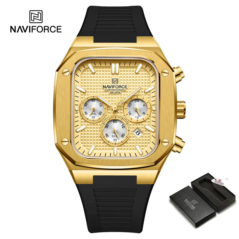 Gold Watches for Men Fashion Silicone Strap Quartz Square Wristwatch Waterproof Luminous hands Date Wach