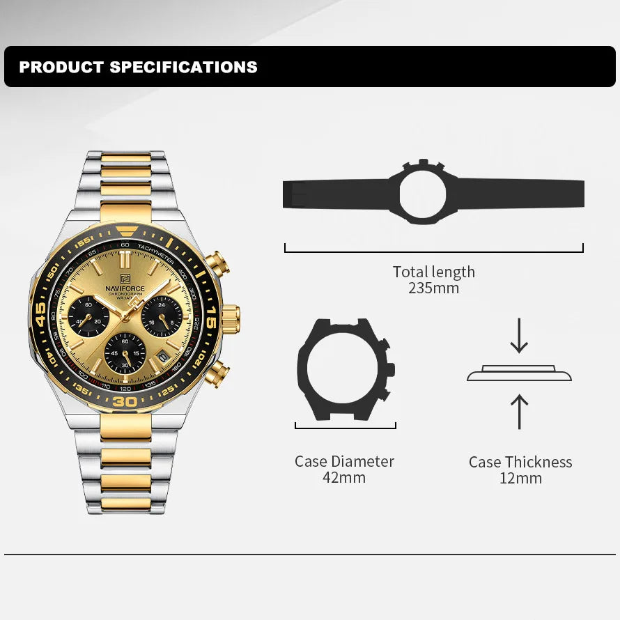 Watch for Men Fashion Waterproof Stainless Steel Band Men Date Chronograph Quartz Wristwatch