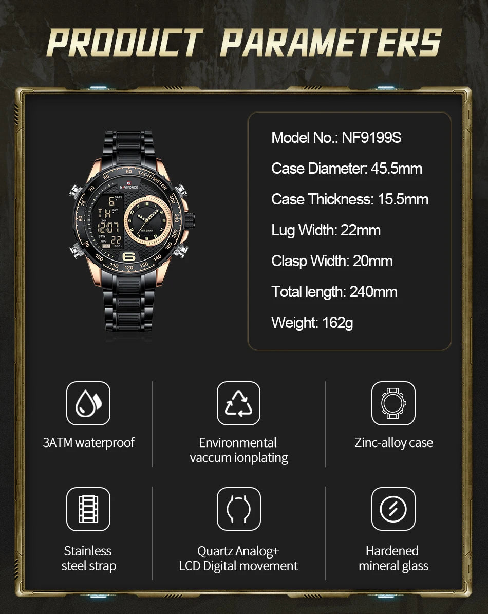 Men's Watches Quartz Watch for Men Chronograph Waterproof 24 Hour LCD Display Luminous Sport Watch