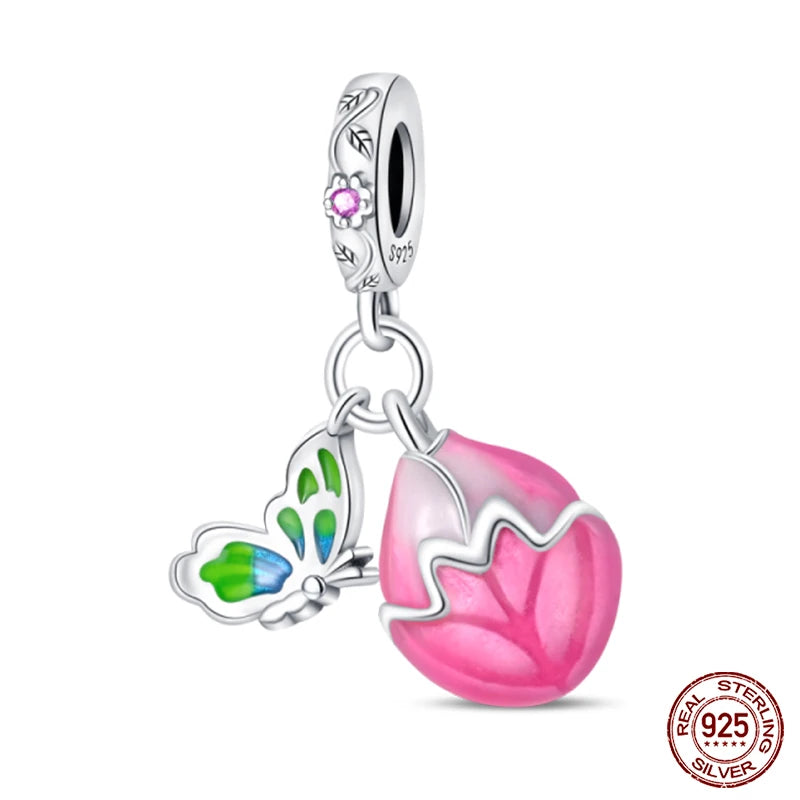 Sterling Silver Nightglow Butterfly Heart-Shaped Gem Charms Bead Fit Charm Original Bracelet