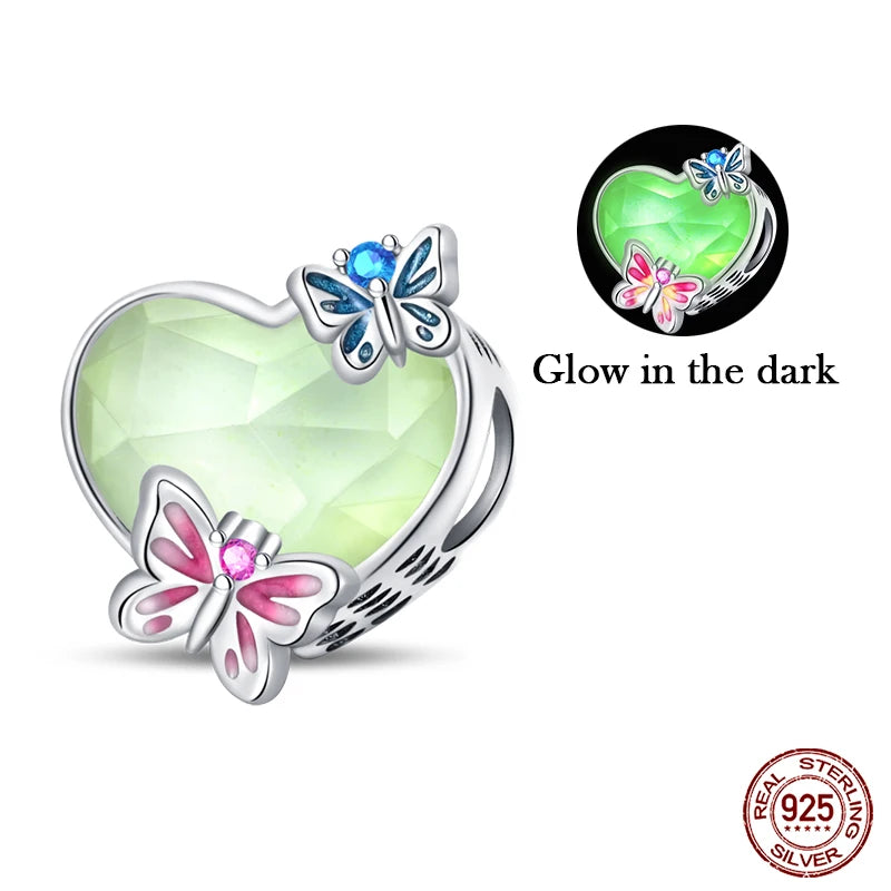 Sterling Silver Nightglow Butterfly Heart-Shaped Gem Charms Bead Fit Charm Original Bracelet