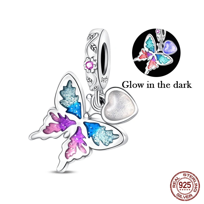 Sterling Silver Nightglow Butterfly Heart-Shaped Gem Charms Bead Fit Charm Original Bracelet