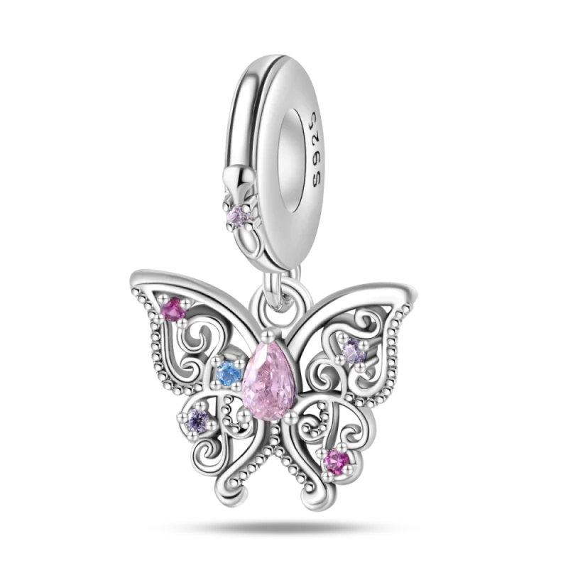 Silver Butterfly Flowers Charm Beads Fits Charm Bracelets Pendant