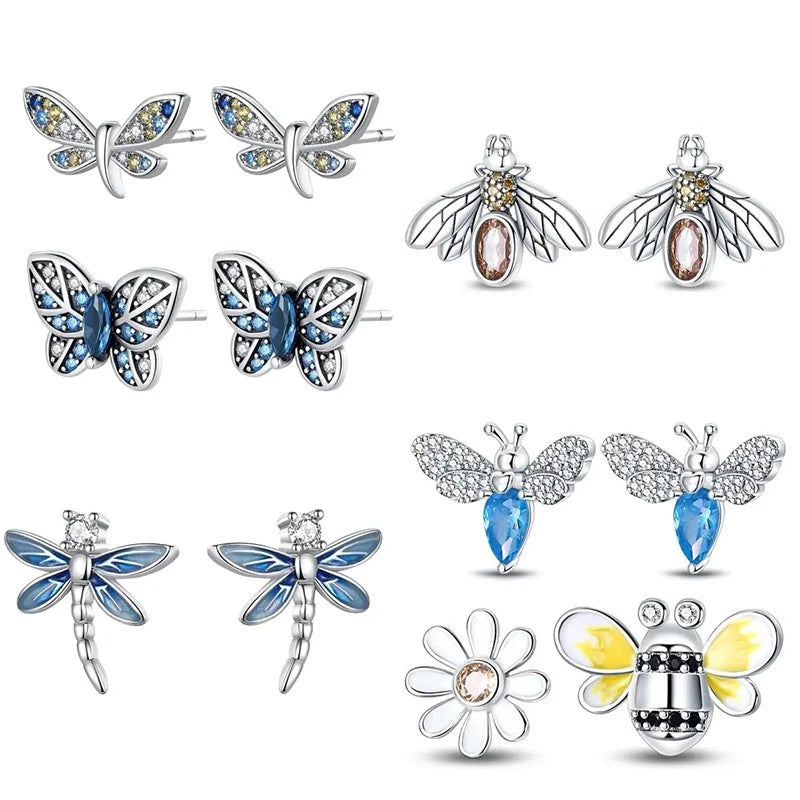 Silver Ear Jewelry Insect Elements Bees Butterflies Dragonflies Design Stud Earrings Luxury Engagement Party Earring