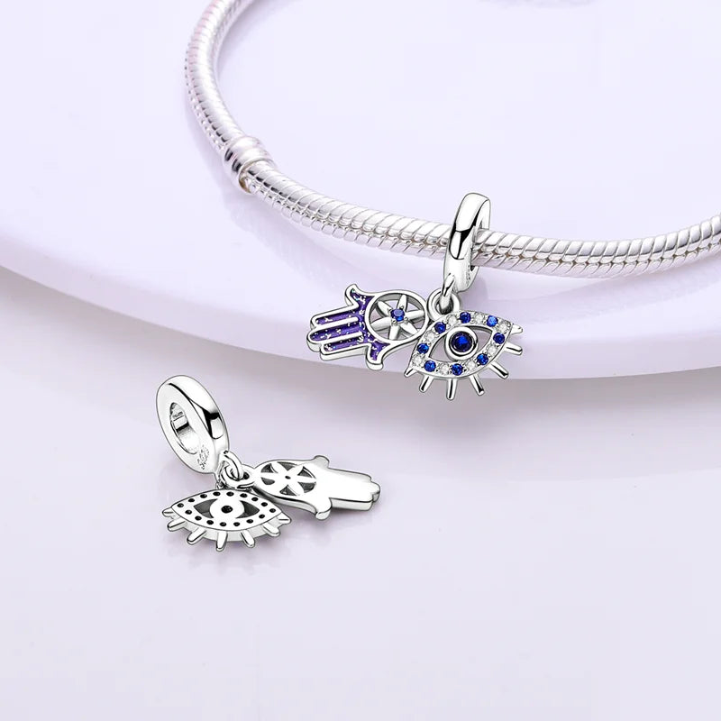 Silver Plated Blue Eyes and Flower Palm Pendant Fit Charm Bracelet