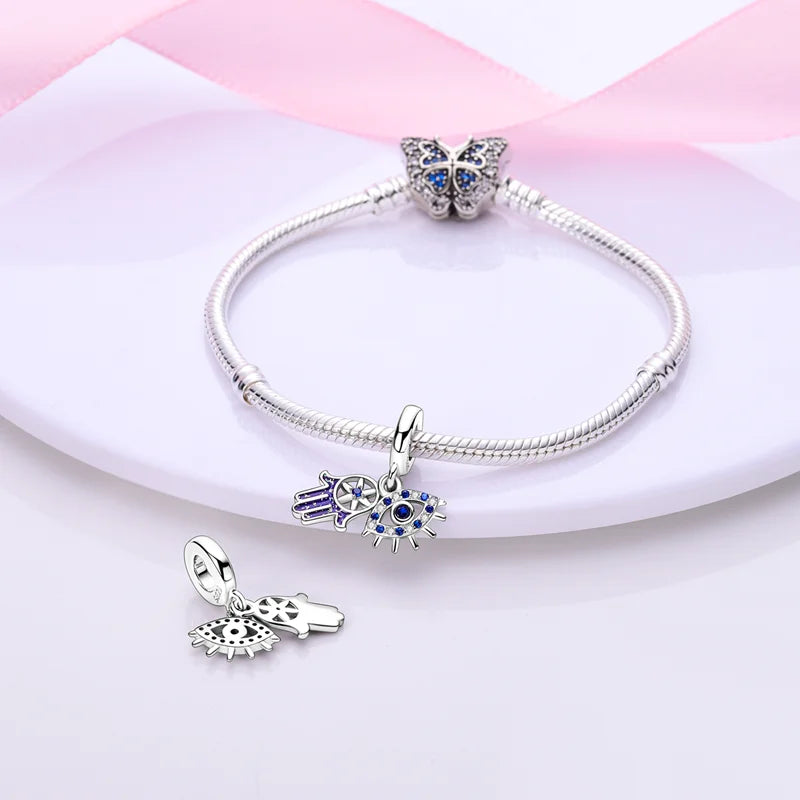 Silver Plated Blue Eyes and Flower Palm Pendant Fit Charm Bracelet