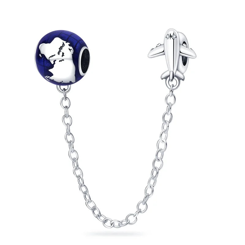 Silver Plated Moon Stars Plane  Earth Safety Chain Charms Fit Original Chain Bracelet DIY Bead For Women Jewelry Gift