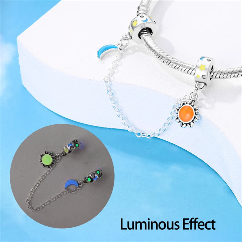 Silver Plated Moon Stars Plane  Earth Safety Chain Charms Fit Original Chain Bracelet DIY Bead For Women Jewelry Gift