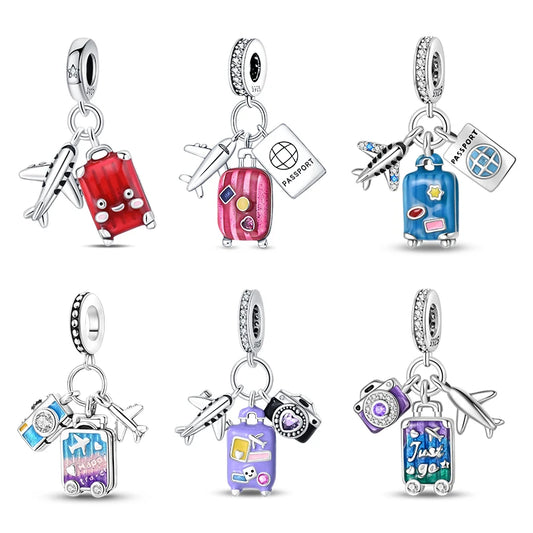 New 925 Silver Plated Suitcase Airplane Passport Charms Fit  Charm Bracelet Women Pendant Beads DIY Jewelry Gift