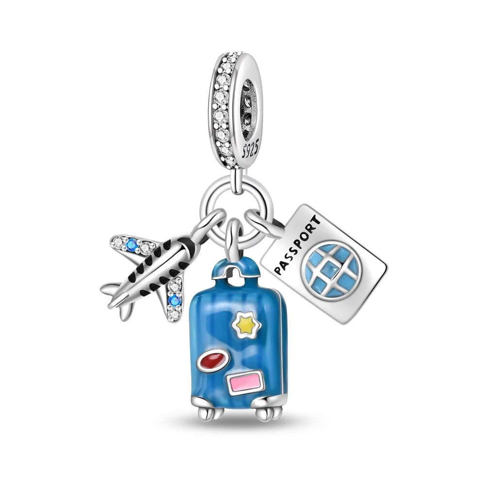 New 925 Silver Plated Suitcase Airplane Passport Charms Fit  Charm Bracelet Women Pendant Beads DIY Jewelry Gift