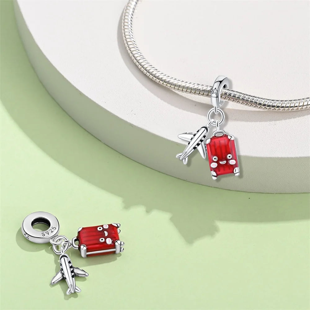 New 925 Silver Plated Suitcase Airplane Passport Charms Fit  Charm Bracelet Women Pendant Beads DIY Jewelry Gift