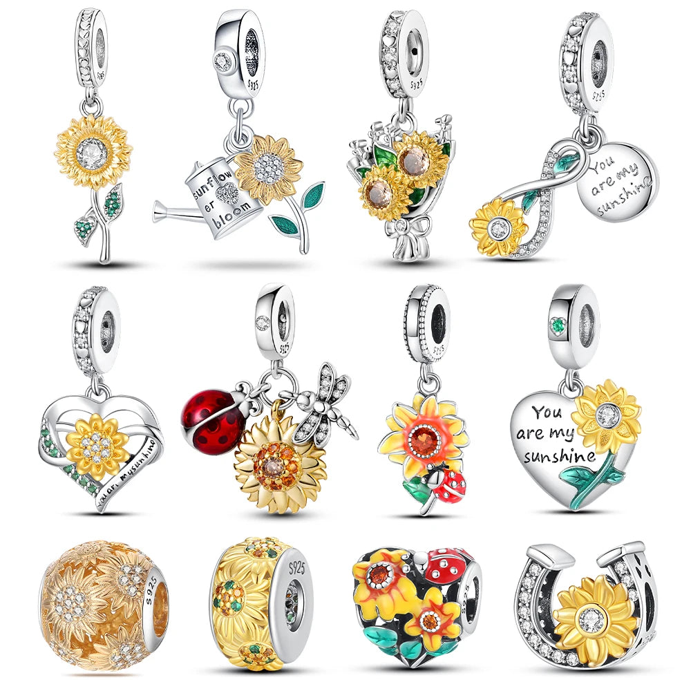 New 925 Silver Plated Sunflower Charms Fit Charm Bracelet Women Pendant Beads