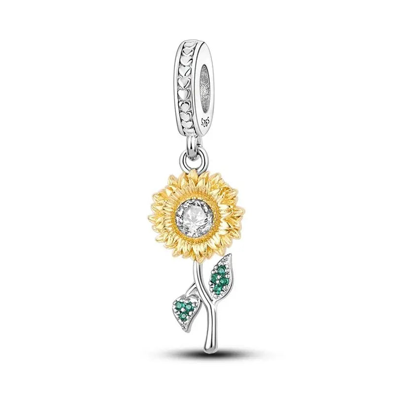 New 925 Silver Plated Sunflower Charms Fit Charm Bracelet Women Pendant Beads