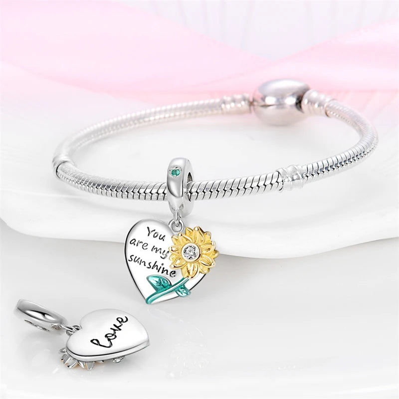 New 925 Silver Plated Sunflower Charms Fit Charm Bracelet Women Pendant Beads