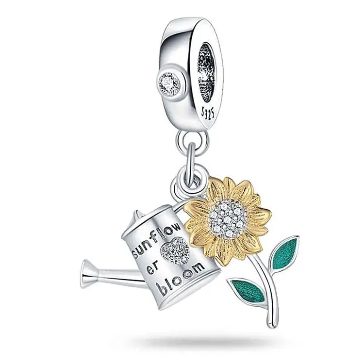 New 925 Silver Plated Sunflower Charms Fit Charm Bracelet Women Pendant Beads