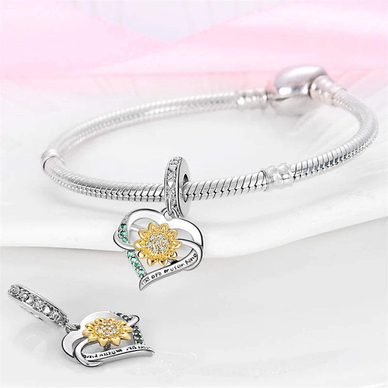 New 925 Silver Plated Sunflower Charms Fit Charm Bracelet Women Pendant Beads