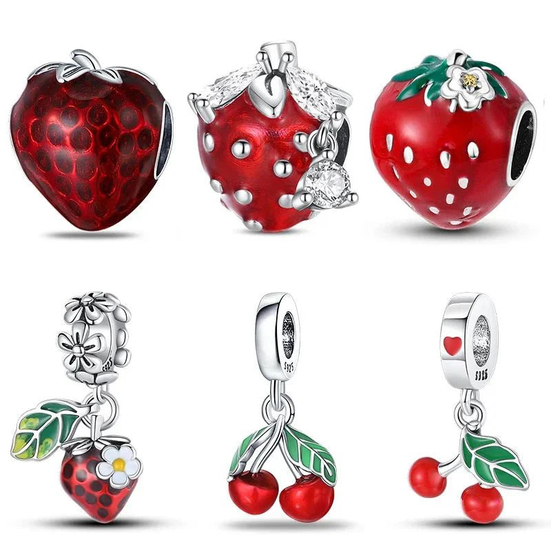 New 925 Silver Strawberry Cherry Fruit Series Charms Beads Fit Charm Original Bracelets