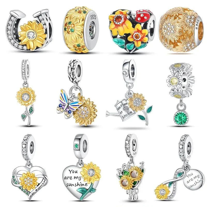 Silver Fashion Golden Sunflowers Heart Charms Beads Fit Charm Original Bracelets Luxury Party DIY Jewelry