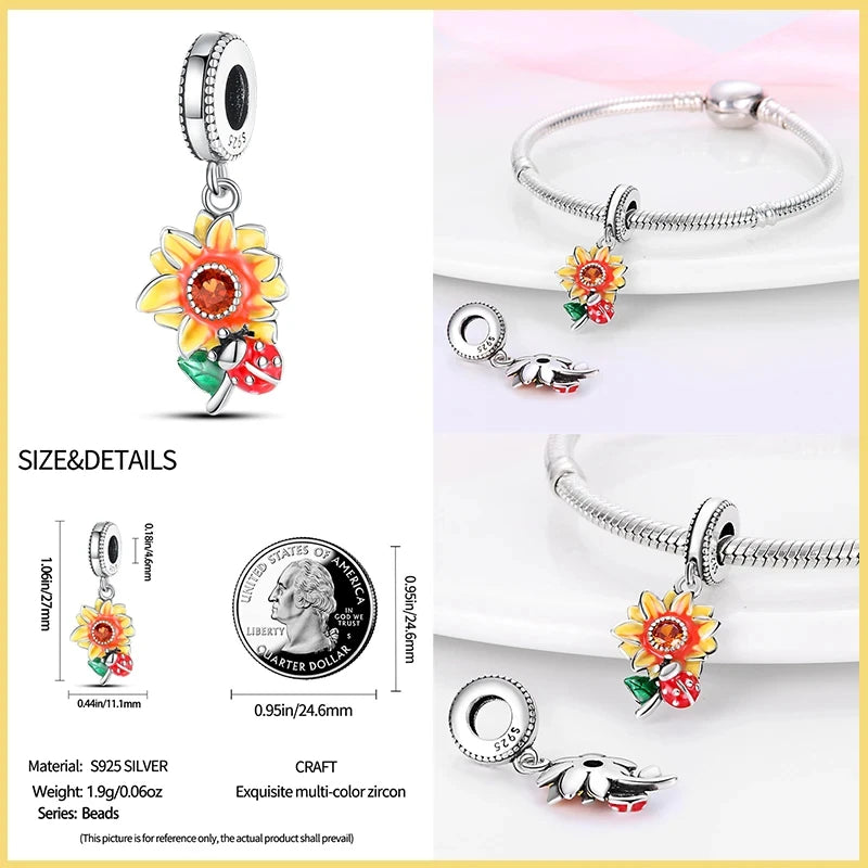 Silver Fashion Golden Sunflowers Heart Charms Beads Fit Charm Original Bracelets Luxury Party DIY Jewelry