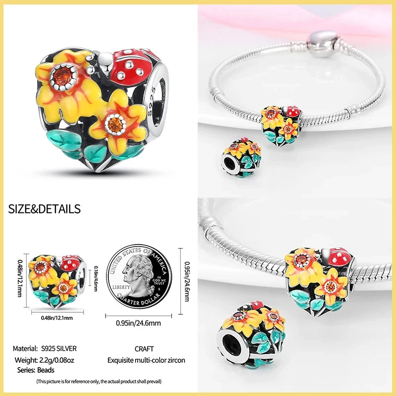 Silver Fashion Golden Sunflowers Heart Charms Beads Fit Charm Original Bracelets Luxury Party DIY Jewelry