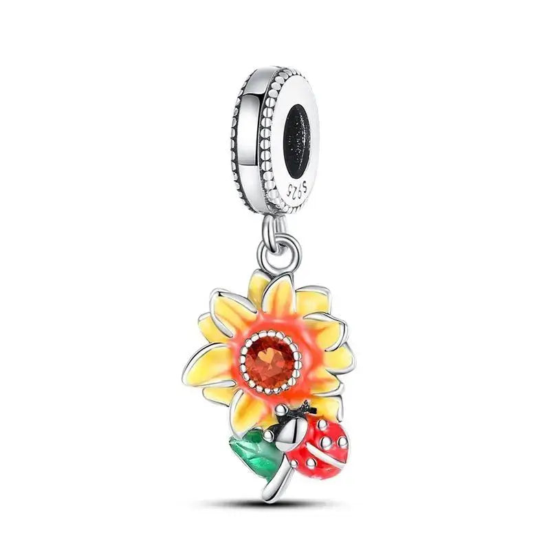 Silver Fashion Golden Sunflowers Heart Charms Beads Fit Charm Original Bracelets Luxury Party DIY Jewelry