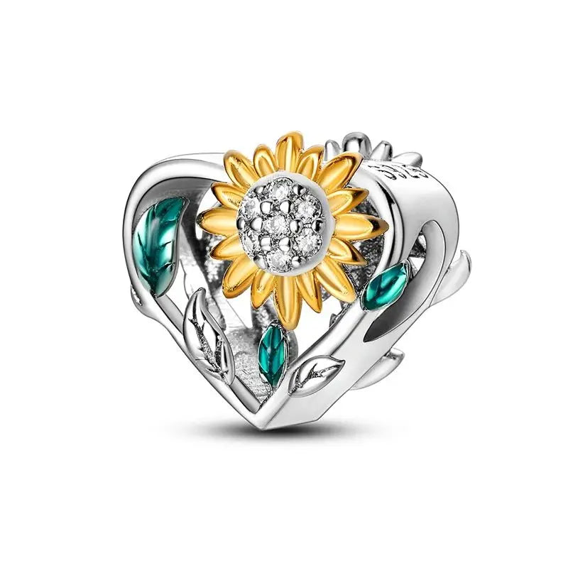 Silver Fashion Golden Sunflowers Heart Charms Beads Fit Charm Original Bracelets Luxury Party DIY Jewelry