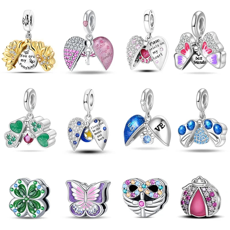 New Silver Heart Shaped Cat Claw Butterfly Four Leaf Clover Charms Beads Fit Charm Original Bracelets DIY Jewelry