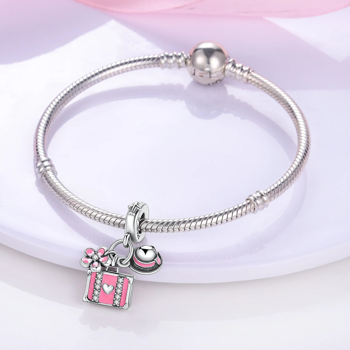 New Silver Pink Series Love-Heart Cute Beads Fit Charm Original Bracelets For Women