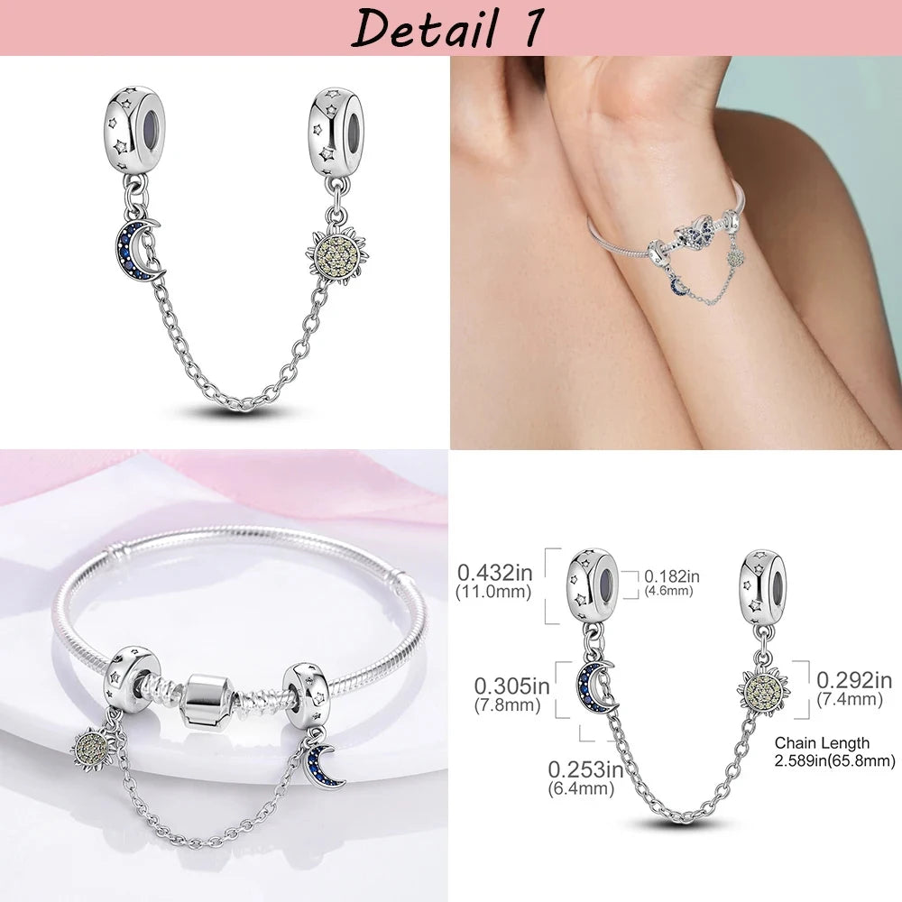 New Silver Stars Moon Dragonfly Heart-Shape Safety Chain Bead For Ladies Original DIY Charm Bracelet