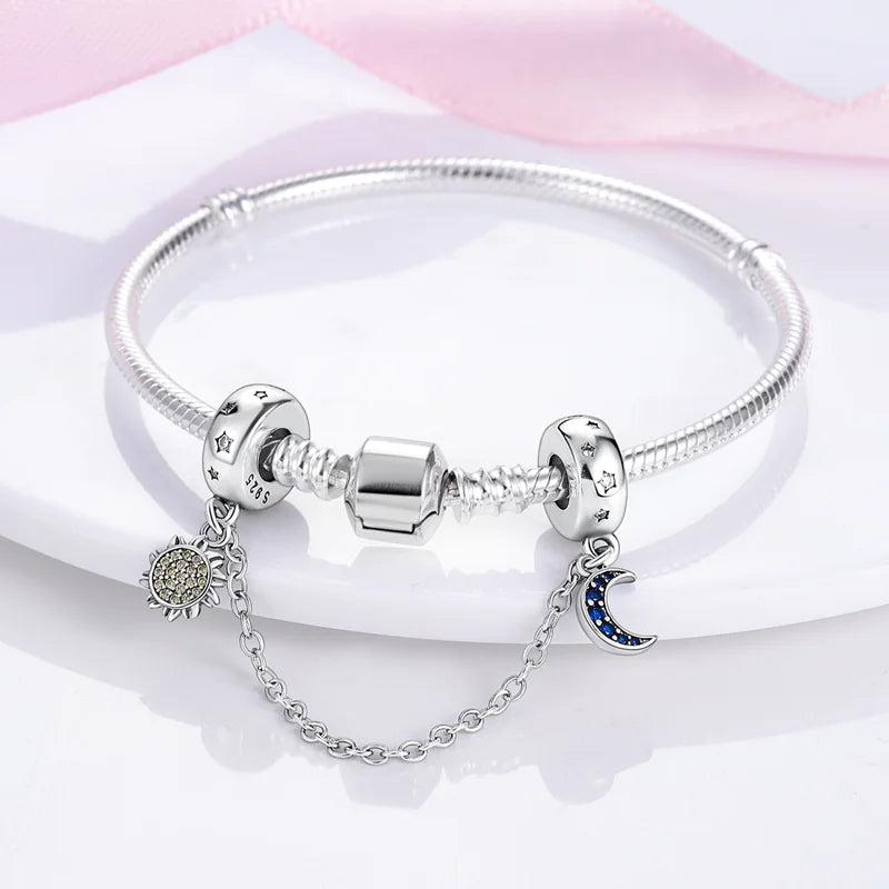 New Silver Stars Moon Dragonfly Heart-Shape Safety Chain Bead For Ladies Original DIY Charm Bracelet