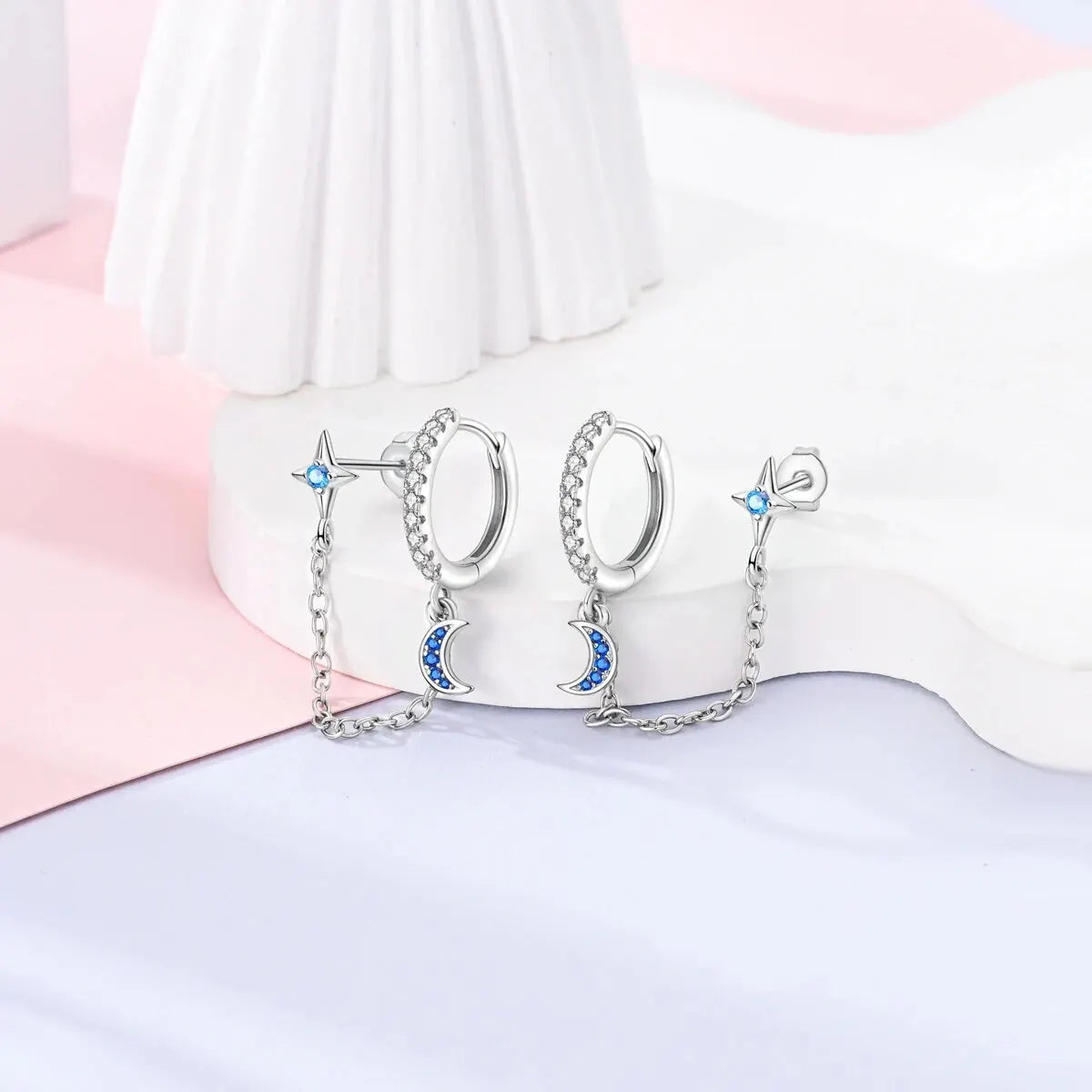 New 925 Sterling Silver Zircon Star-Moon Double-Layer Stud Shell starfish Earrings Simple Fine Jewelry Women Fashion Party Gift