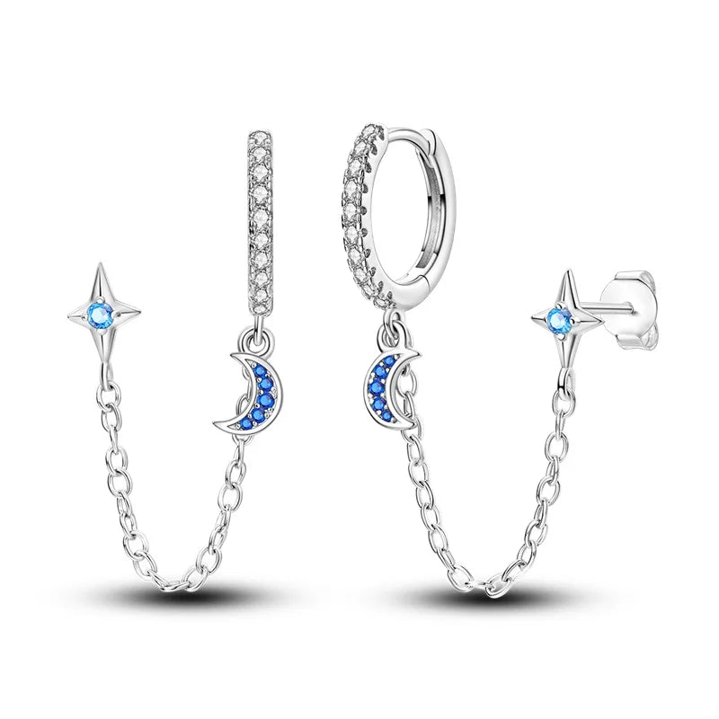 New 925 Sterling Silver Zircon Star-Moon Double-Layer Stud Shell starfish Earrings Simple Fine Jewelry Women Fashion Party Gift