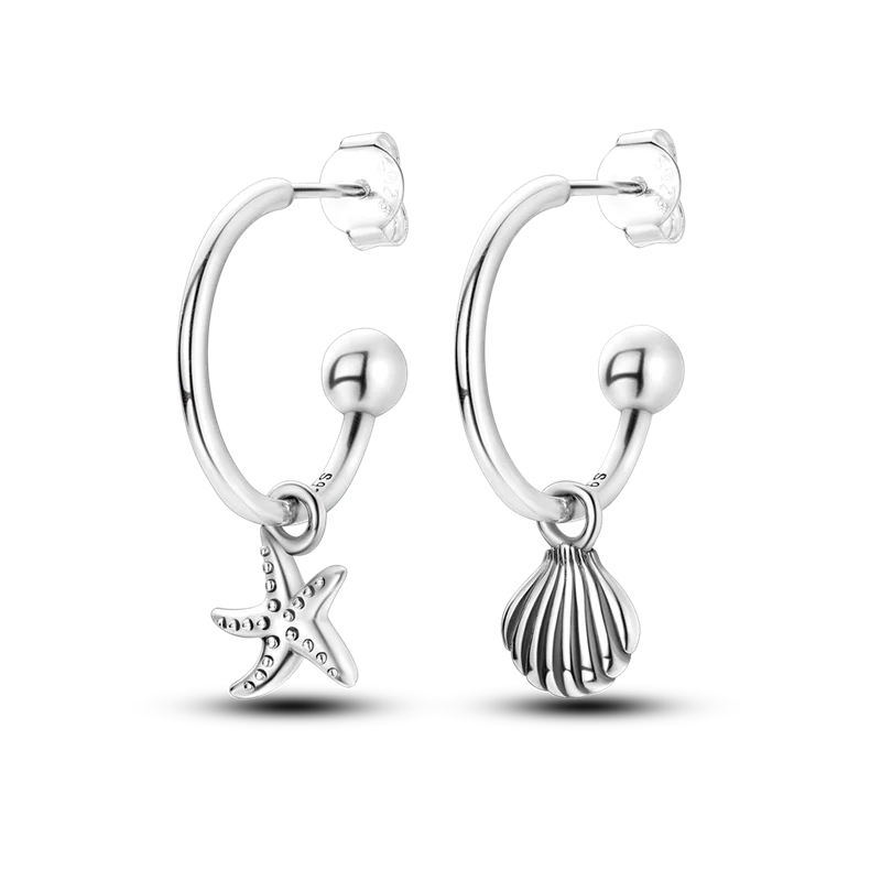 New 925 Sterling Silver Zircon Star-Moon Double-Layer Stud Shell starfish Earrings Simple Fine Jewelry Women Fashion Party Gift