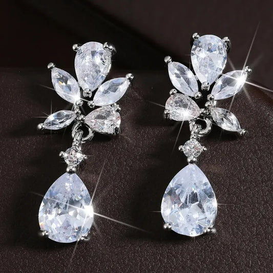 New Luxury Water Drop Silver Color Cubic Zirconia Earrings for Women Fashion Bridal Dangle Marriage Wedding Jewelry