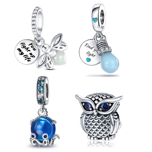 New Silver Beads Pendant Fit  Charm Bracelet Luminous  Fireflies light bulbs And Octopus Owl DIY Jewelry