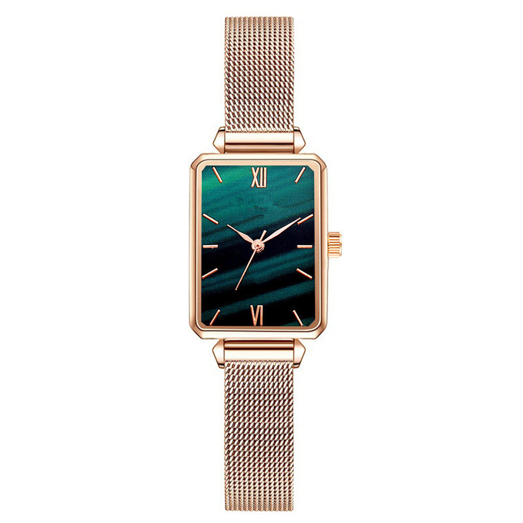 Women's Fashion Green Square Watch Set – Lazy Magnet Buckle, Versatile Gift