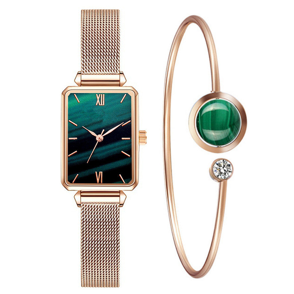 Women's Fashion Green Square Watch Set – Lazy Magnet Buckle, Versatile Gift