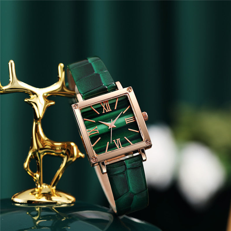 Women's Square Green Quartz Watch – Simple Belt, Roman Dial, Stylish and Elegant