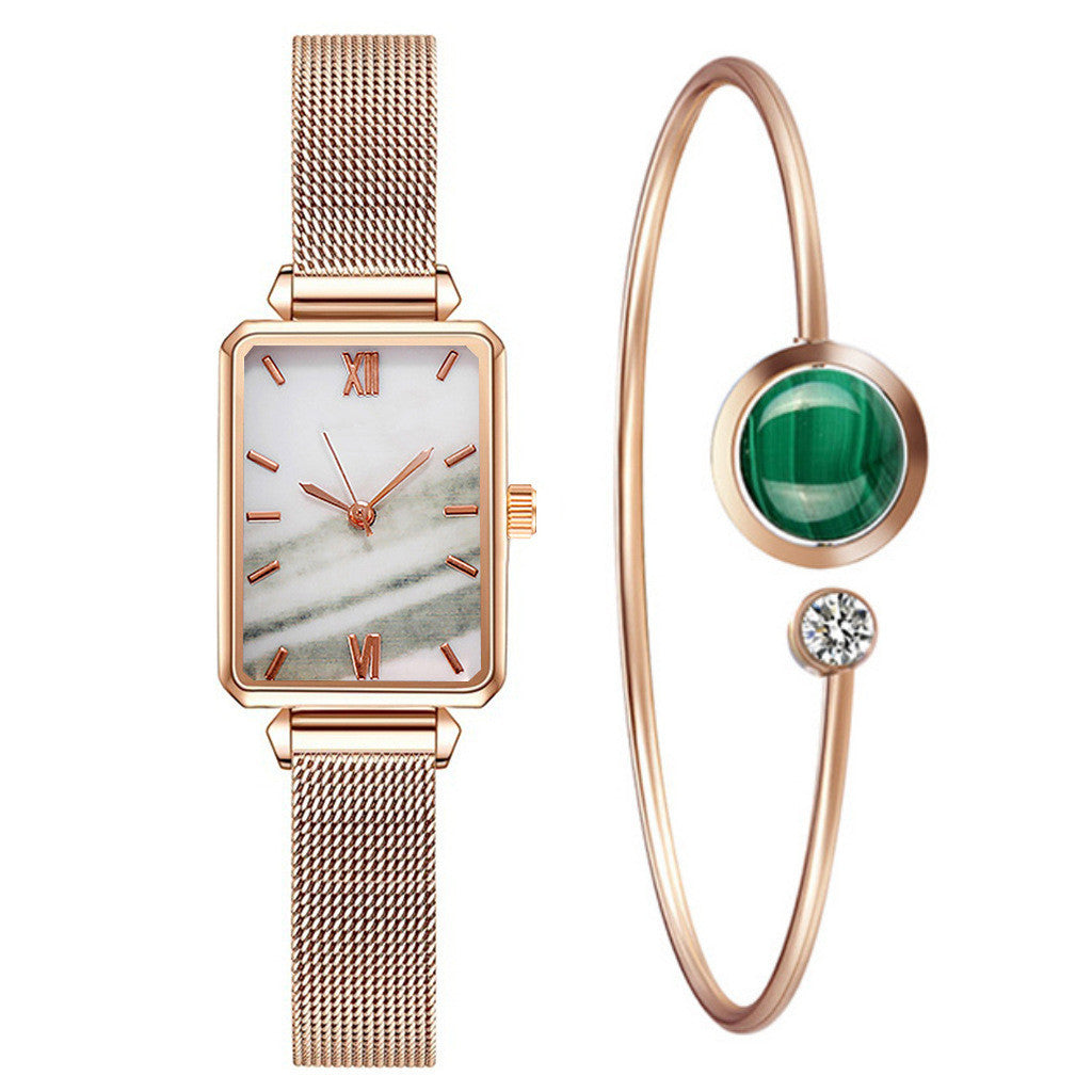 Women's Fashion Green Square Watch Set – Lazy Magnet Buckle, Versatile Gift