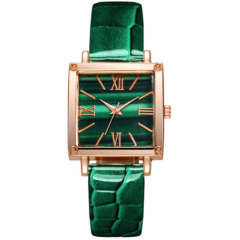 Women's Square Green Quartz Watch – Simple Belt, Roman Dial, Stylish and Elegant