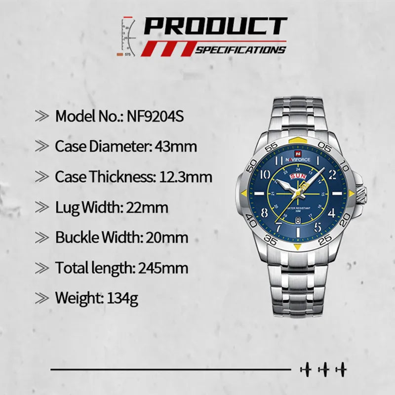 Navi force New Design Sport Watches for Men Fashion Waterproof Stainless Steel Quartz Wristwatch