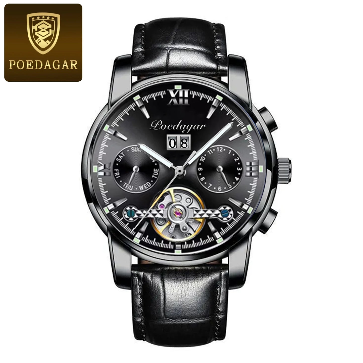 POEDAGAR Automatic Mechanical Man Wristwatch Hollow Tourbillon Stainless Steel Men Watch Waterproof Luminous Date Men's Watches