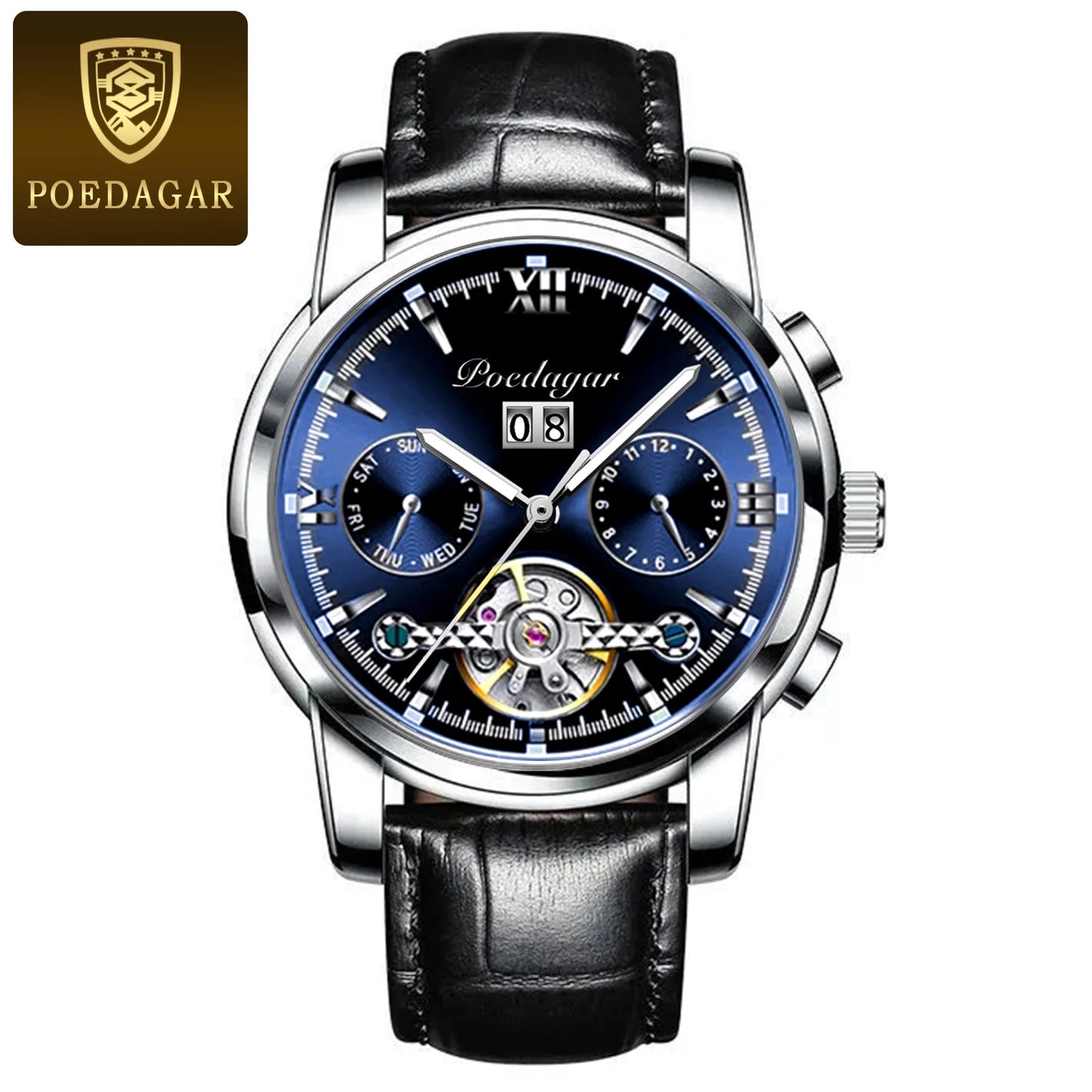 POEDAGAR Automatic Mechanical Man Wristwatch Hollow Tourbillon Stainless Steel Men Watch Waterproof Luminous Date Men's Watches