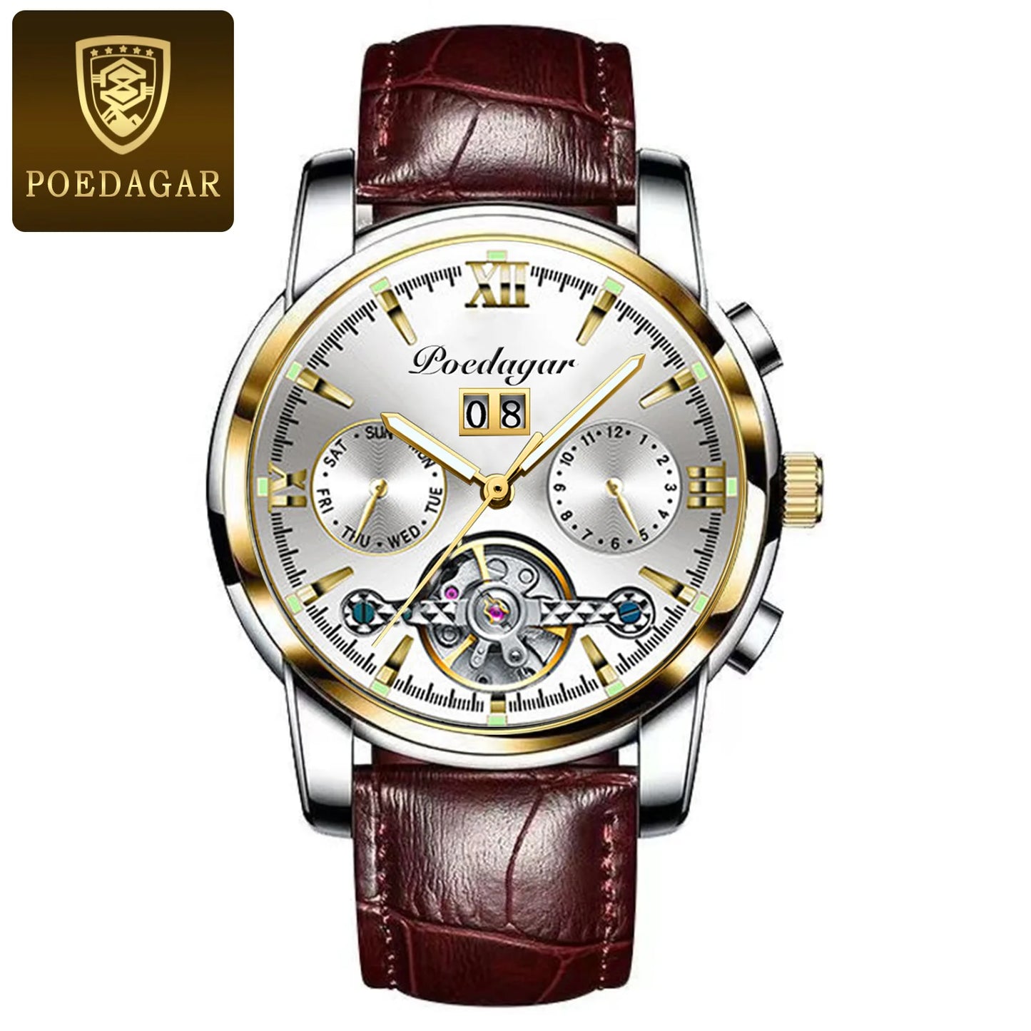 POEDAGAR Automatic Mechanical Man Wristwatch Hollow Tourbillon Stainless Steel Men Watch Waterproof Luminous Date Men's Watches