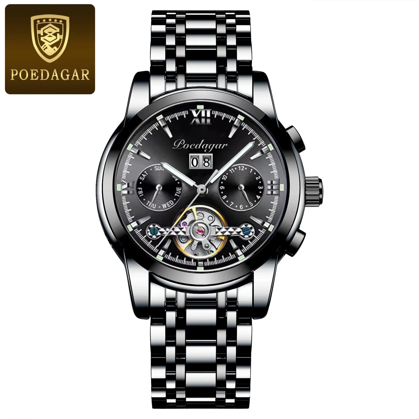 POEDAGAR Automatic Mechanical Man Wristwatch Hollow Tourbillon Stainless Steel Men Watch Waterproof Luminous Date Men's Watches