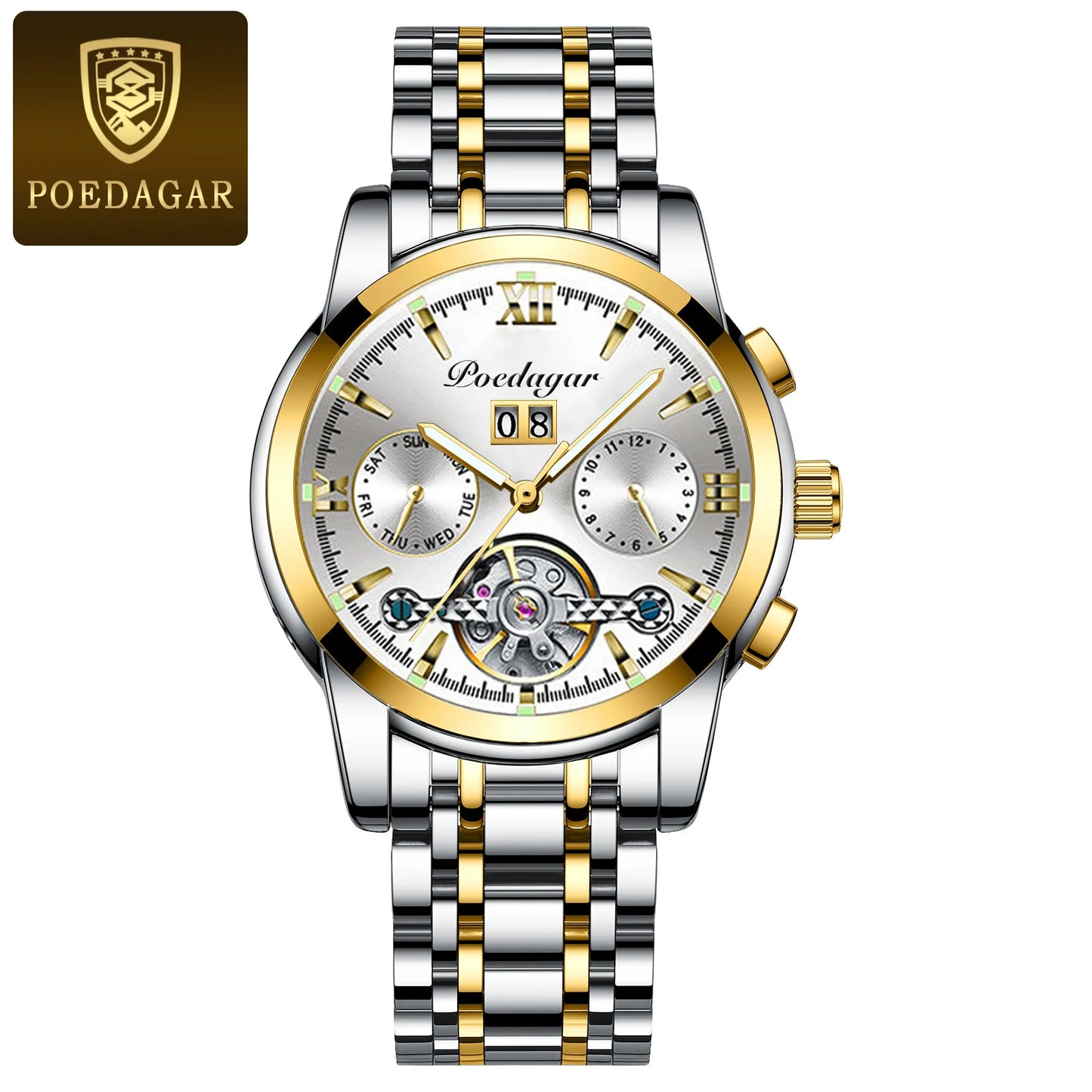 POEDAGAR Automatic Mechanical Man Wristwatch Hollow Tourbillon Stainless Steel Men Watch Waterproof Luminous Date Men's Watches