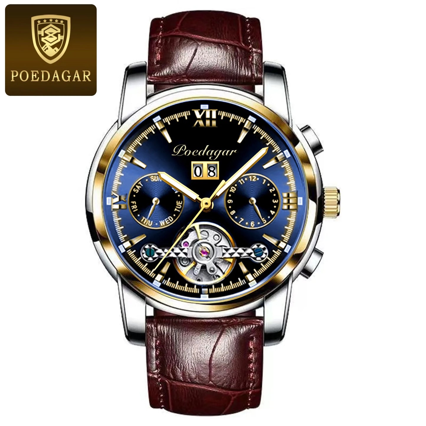 POEDAGAR Automatic Mechanical Man Wristwatch Hollow Tourbillon Stainless Steel Men Watch Waterproof Luminous Date Men's Watches