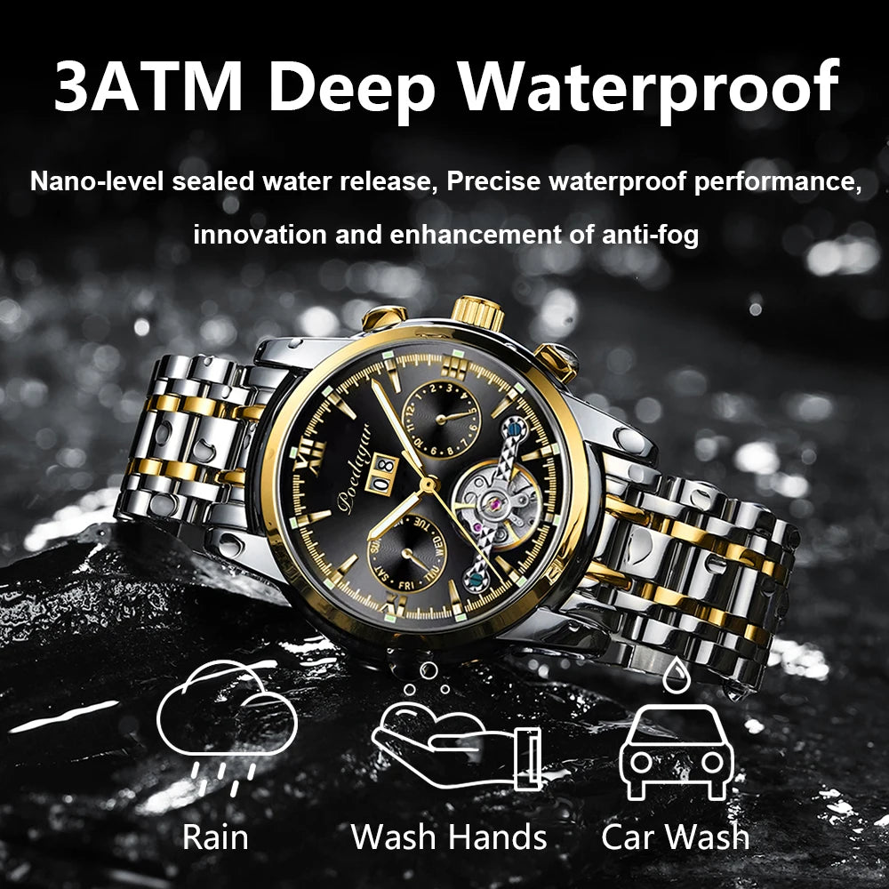 POEDAGAR Automatic Mechanical Man Wristwatch Hollow Tourbillon Stainless Steel Men Watch Waterproof Luminous Date Men's Watches