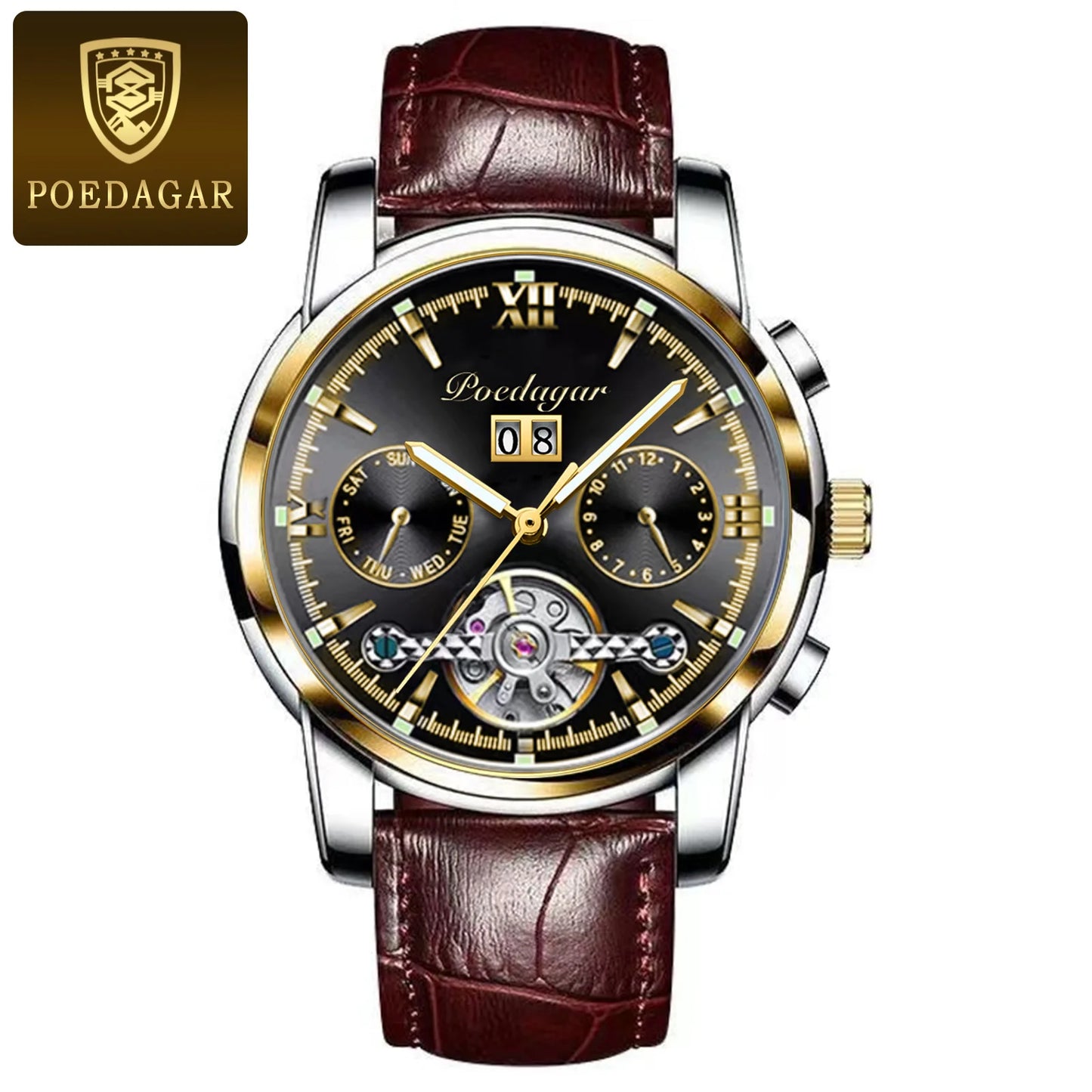 POEDAGAR Automatic Mechanical Man Wristwatch Hollow Tourbillon Stainless Steel Men Watch Waterproof Luminous Date Men's Watches